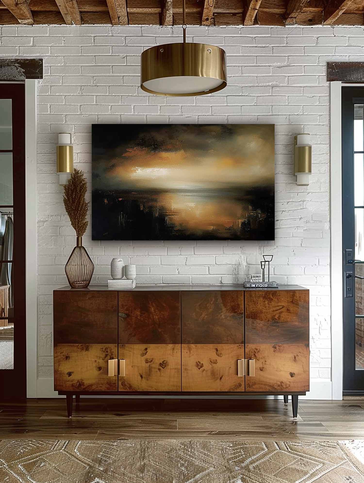 Retro Black And Brown Landscape Painting Original Black And Beige Lake Painting Minimalist Black And Brown Lake Art