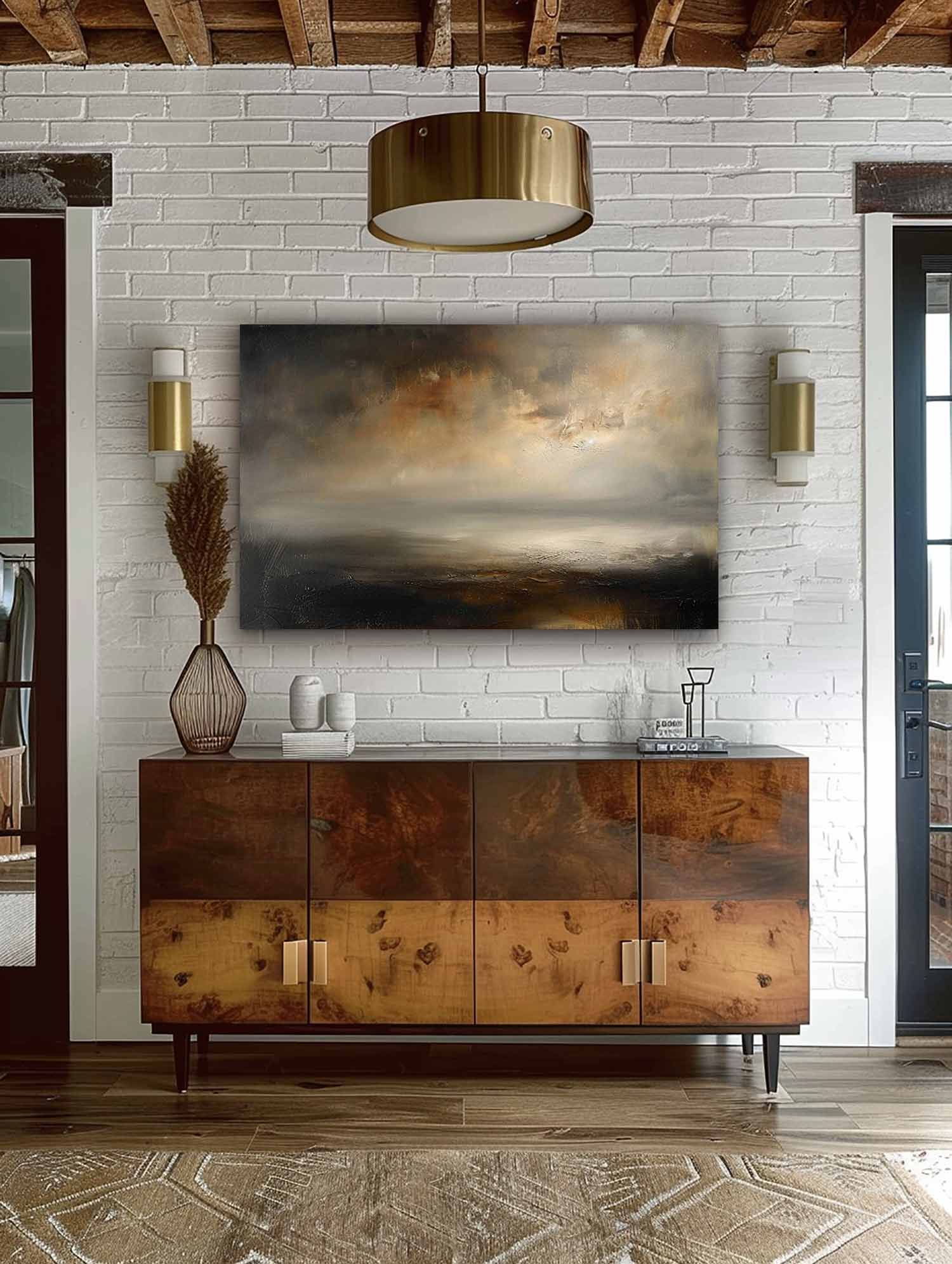 Retro Black And Beige Abstract Painting Vintage Neutral Lake Scenery Wall Art Large Abstract Neutral Lake Artwork