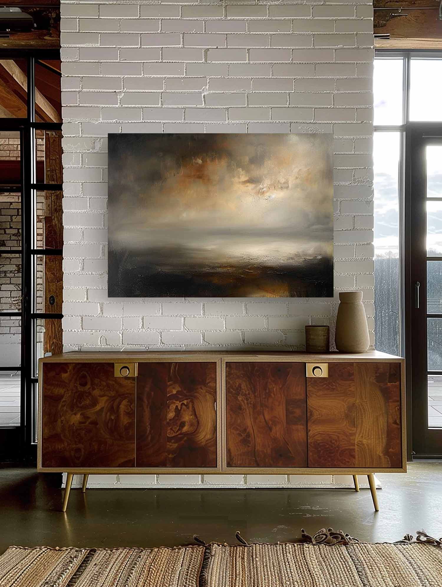 Retro Black And Beige Abstract Painting Vintage Neutral Lake Scenery Wall Art Large Abstract Neutral Lake Artwork