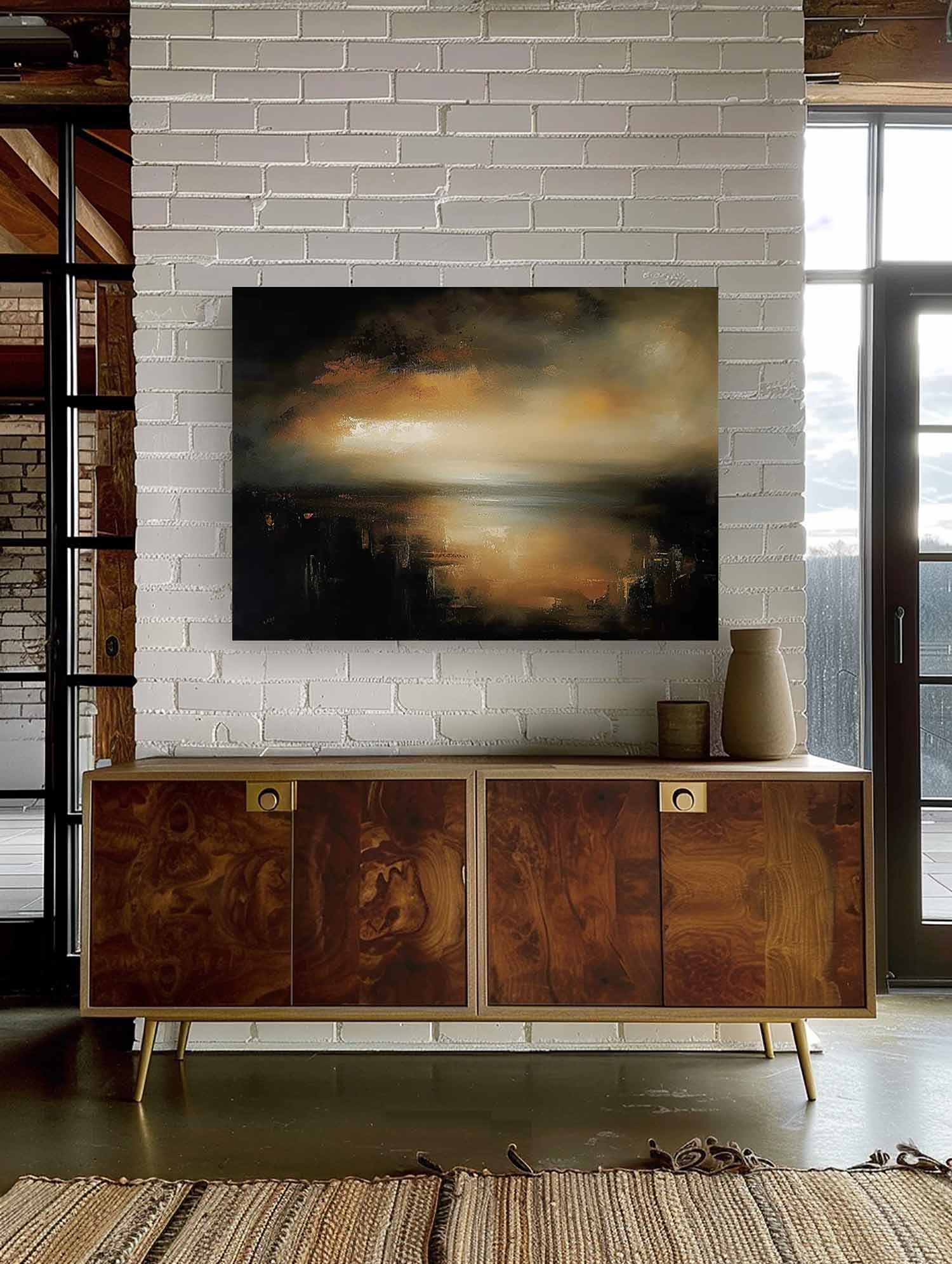 Retro Black And Brown Landscape Painting Original Black And Beige Lake Painting Minimalist Black And Brown Lake Art