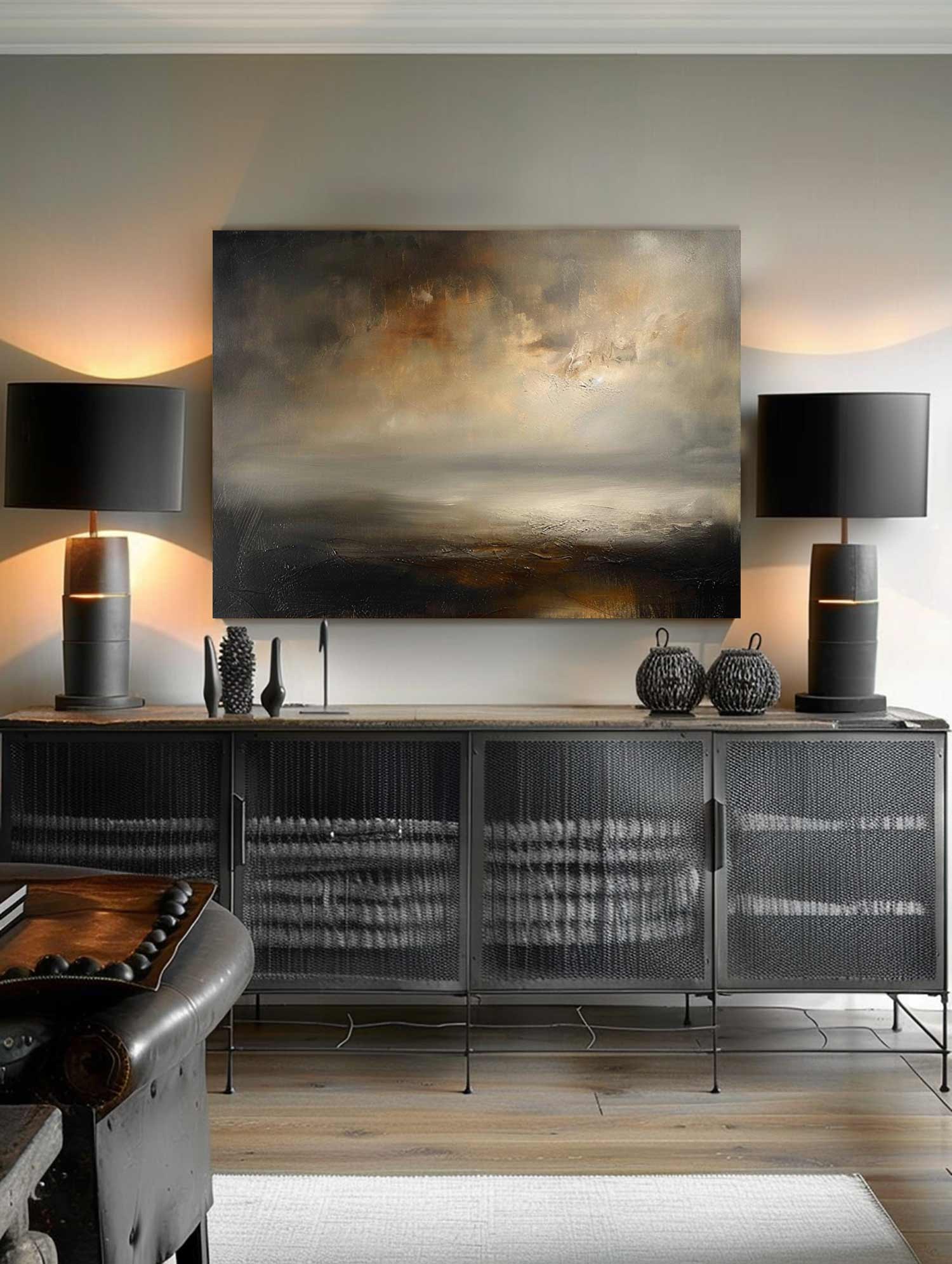 Retro Black And Beige Abstract Painting Vintage Neutral Lake Scenery Wall Art Large Abstract Neutral Lake Artwork