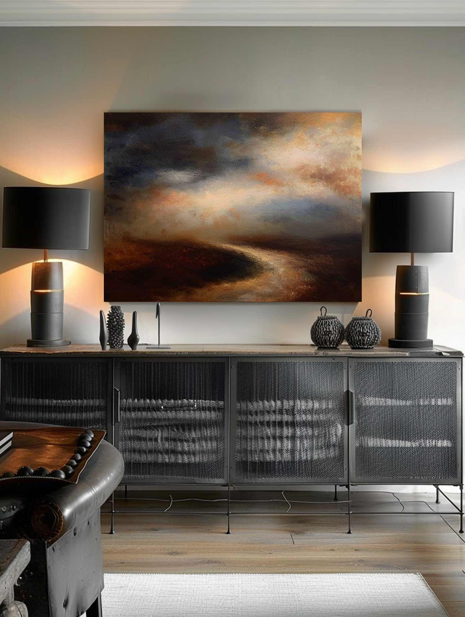 Large Retro Black And Beige Landscape Painting Minimalist Brown Canvas Art Original Minimalist Landscape Painting