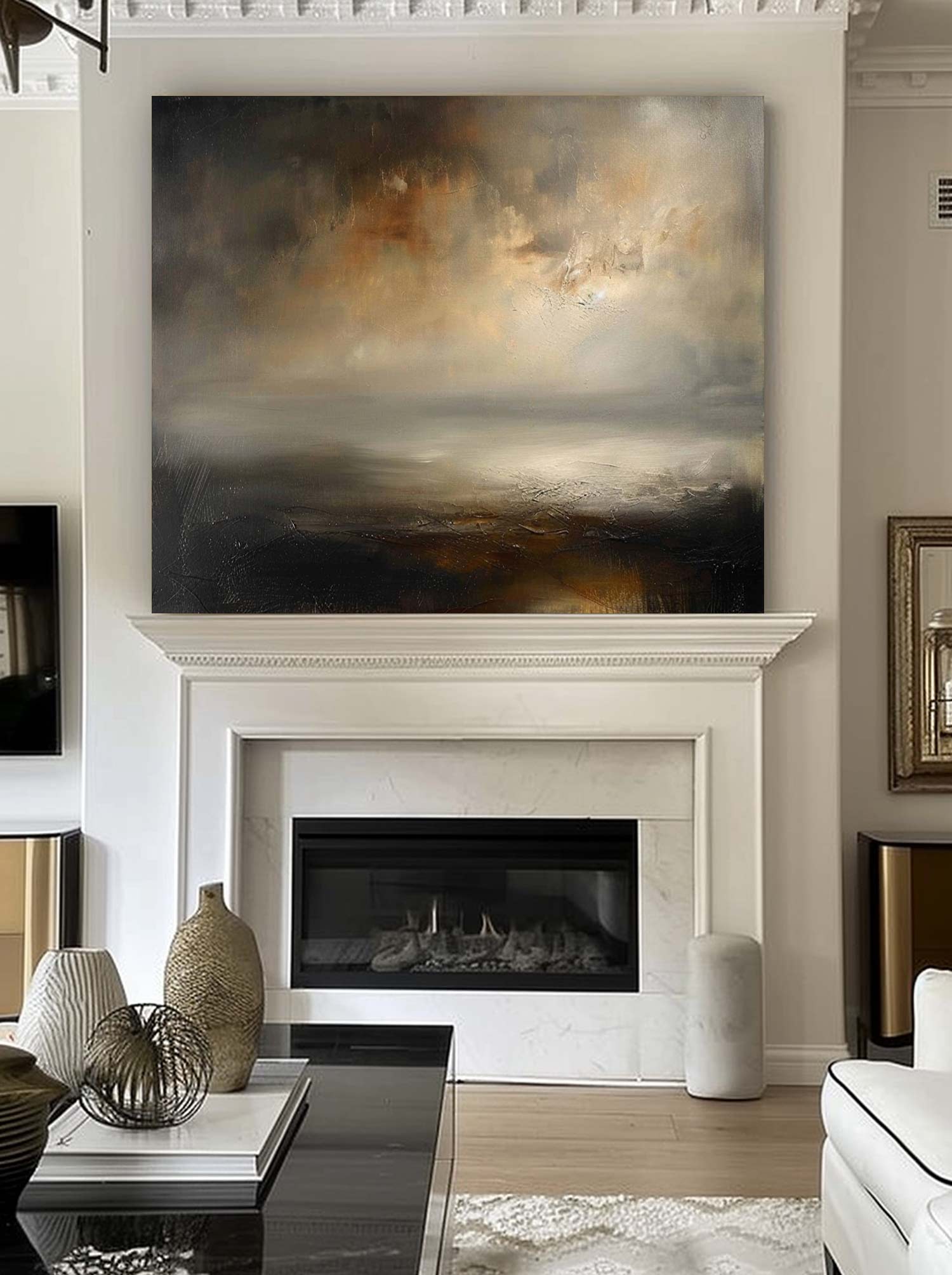 Retro Black And Beige Abstract Painting Vintage Neutral Lake Scenery Wall Art Large Abstract Neutral Lake Artwork