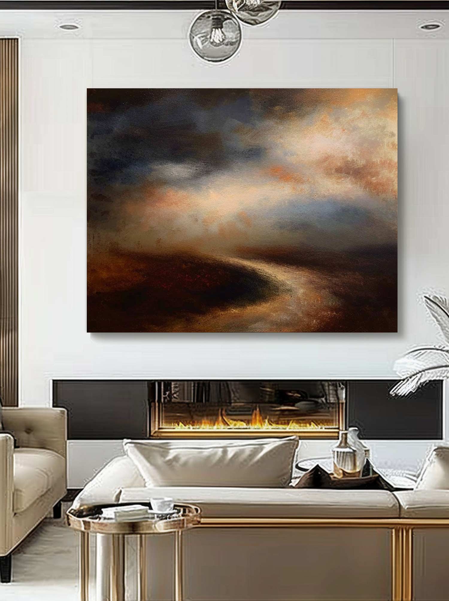 Large Retro Black And Beige Landscape Painting Minimalist Brown Canvas Art Original Minimalist Landscape Painting