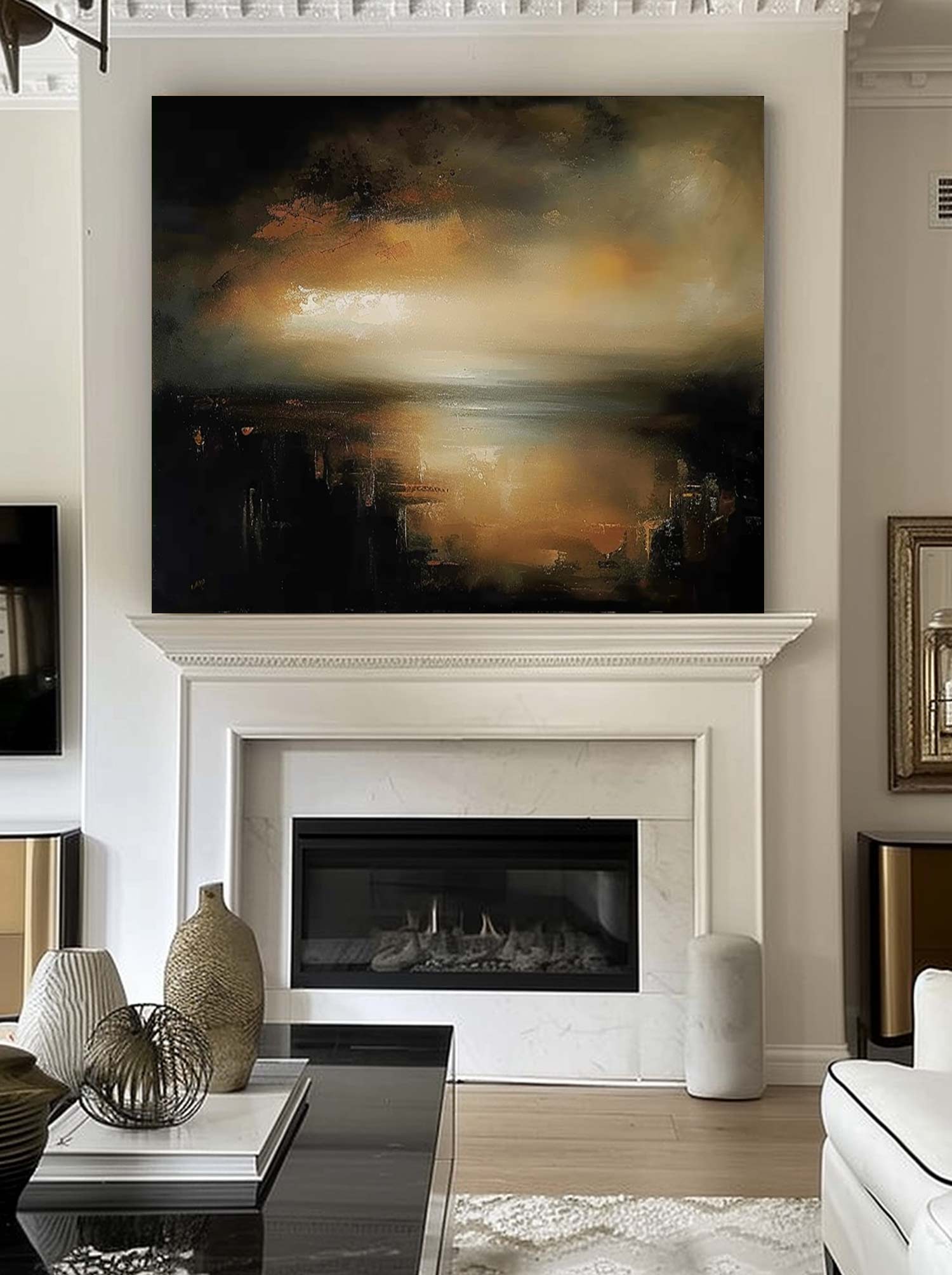 Retro Black And Brown Landscape Painting Original Black And Beige Lake Painting Minimalist Black And Brown Lake Art