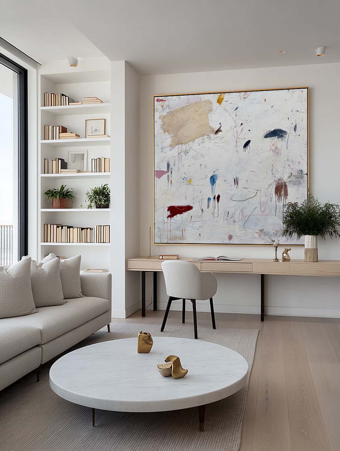 Handmade White And Beige Abstract Oil Painting Original Minimalist Abstract Canvas Art Modern White Graffiti Art