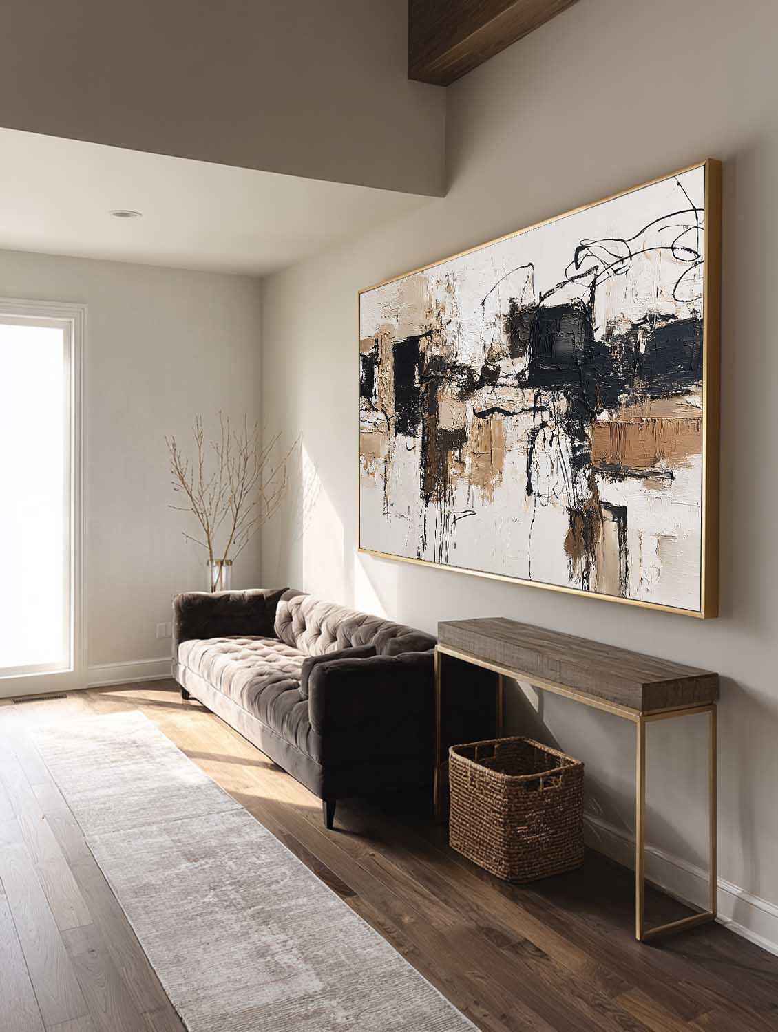 Large Neutral Beige Black Abstract Art Handmade Beige Black Oil Painting Modern Minimalist Wall Art For Living Room