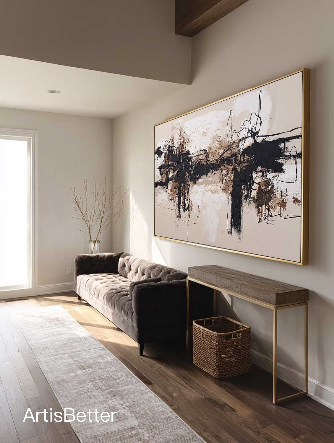 Minimalist Beige and Black Abstract Painting Hand Painted Beige Black Abstract Wall Art Large Textured Black Canvas Art