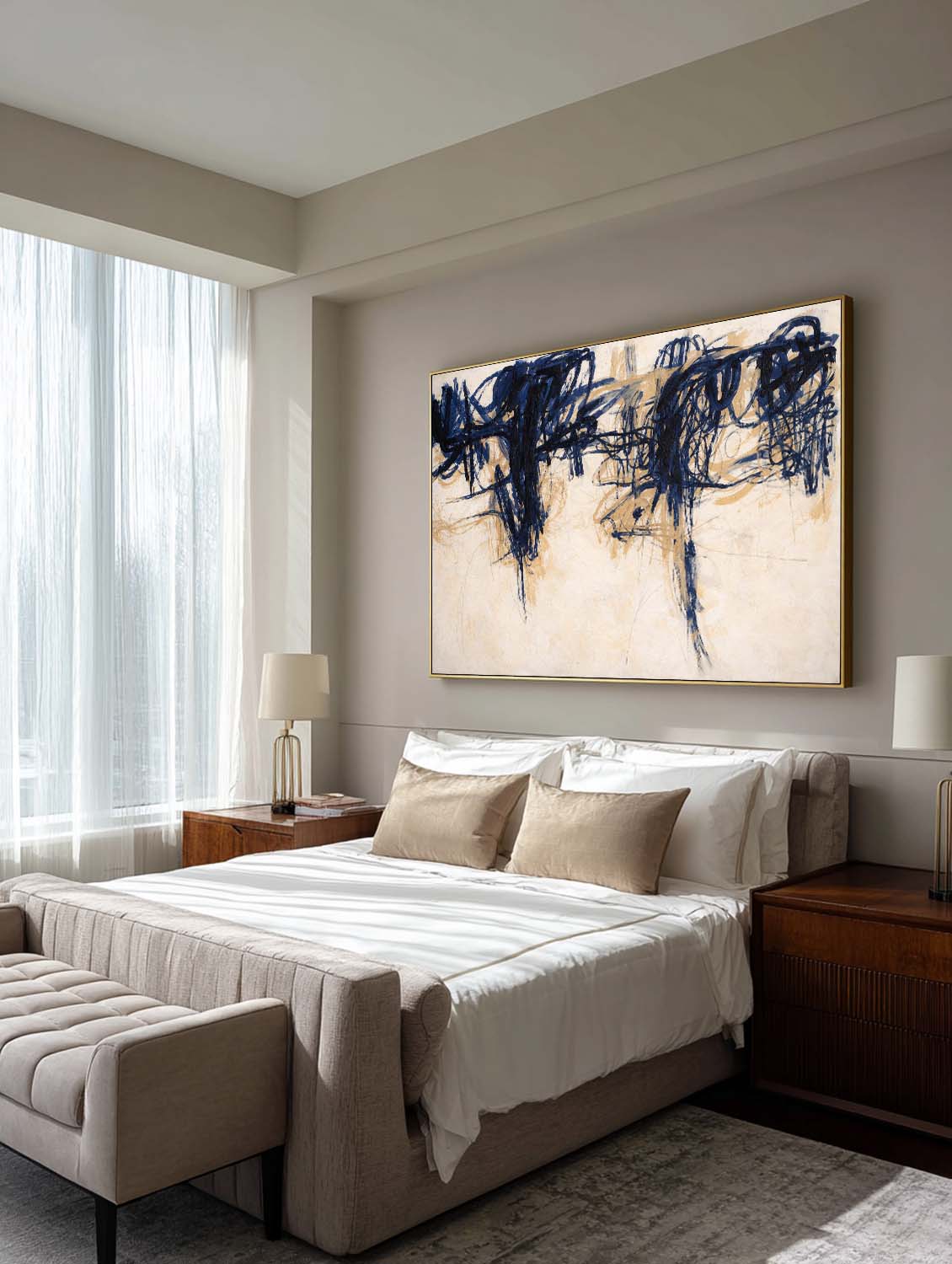 Minimalist Beige And Blue Horizontal Abstract Painting Handmade Beige Abstract Art Large Beige Wall Art For Living Room