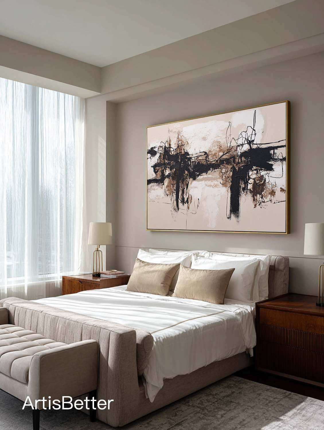 Minimalist Beige and Black Abstract Painting Hand Painted Beige Black Abstract Wall Art Large Textured Black Canvas Art