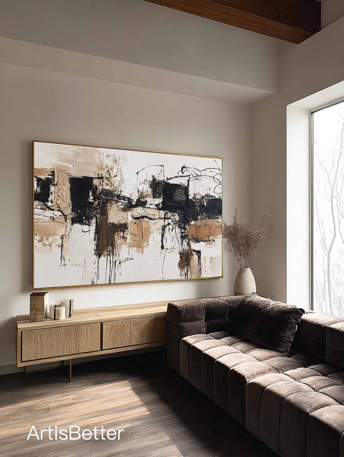 Large Neutral Beige Black Abstract Art Handmade Beige Black Oil Painting Modern Minimalist Wall Art For Living Room