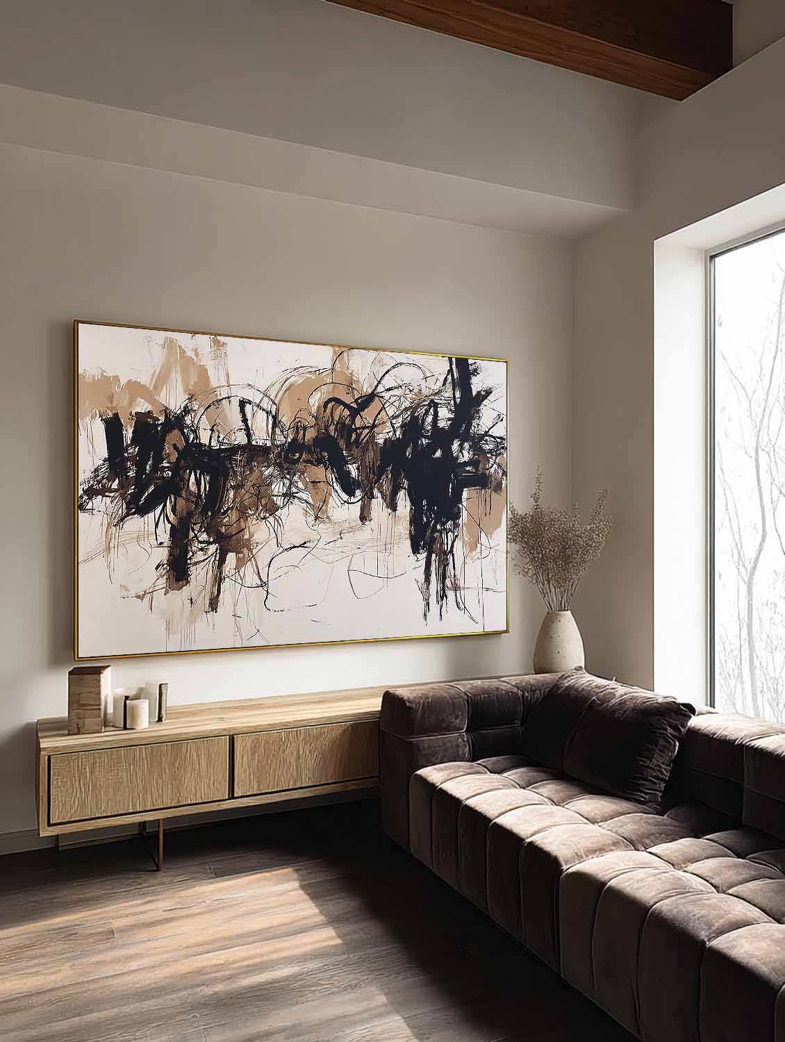 Contemporary Beige And Black Abstract Wall Art Neutral Black Abstract Oil Painting Large Textured Canvas For Modern Home Decor