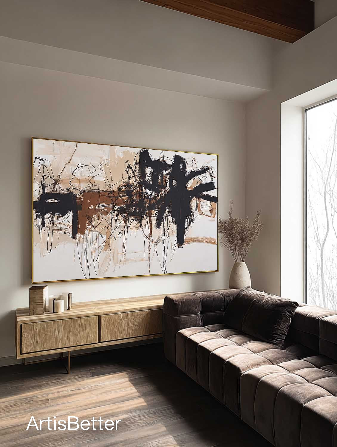 Large Textured Beige Black Abstract Art Minimalist Beige Black Abstract Painting Handmade Abstract Wall Art For Bedroom