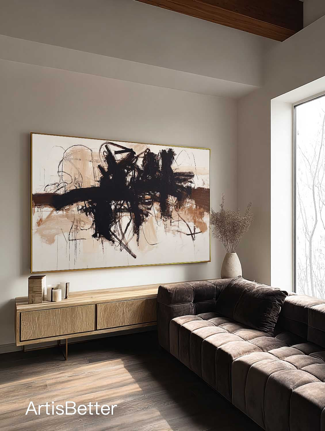 Minimalist Beige And Black Abstract Painting Beige And Black Minimalist Abstract Wall Art Neutral Black Abstract Canvas Art