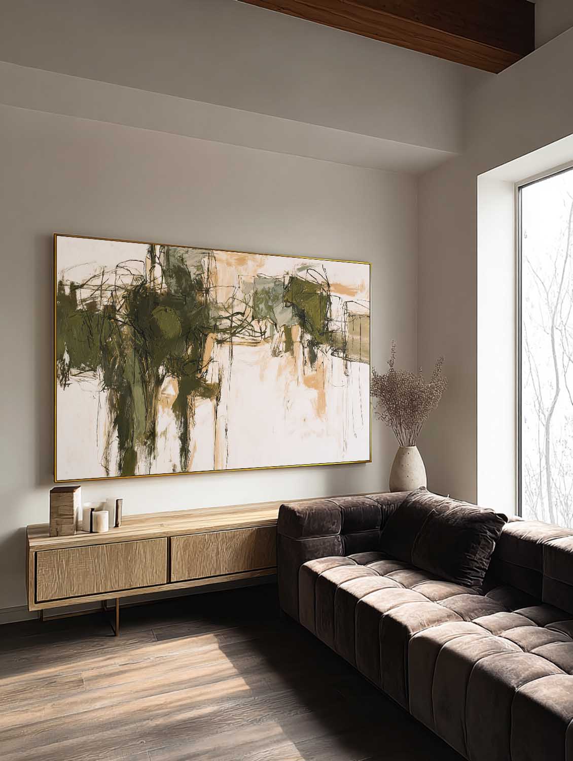 Horizontal Green Abstract Line Art Large Horizontal Green And Beige Abstract Canvas Neutral Green Textured Canvas Art