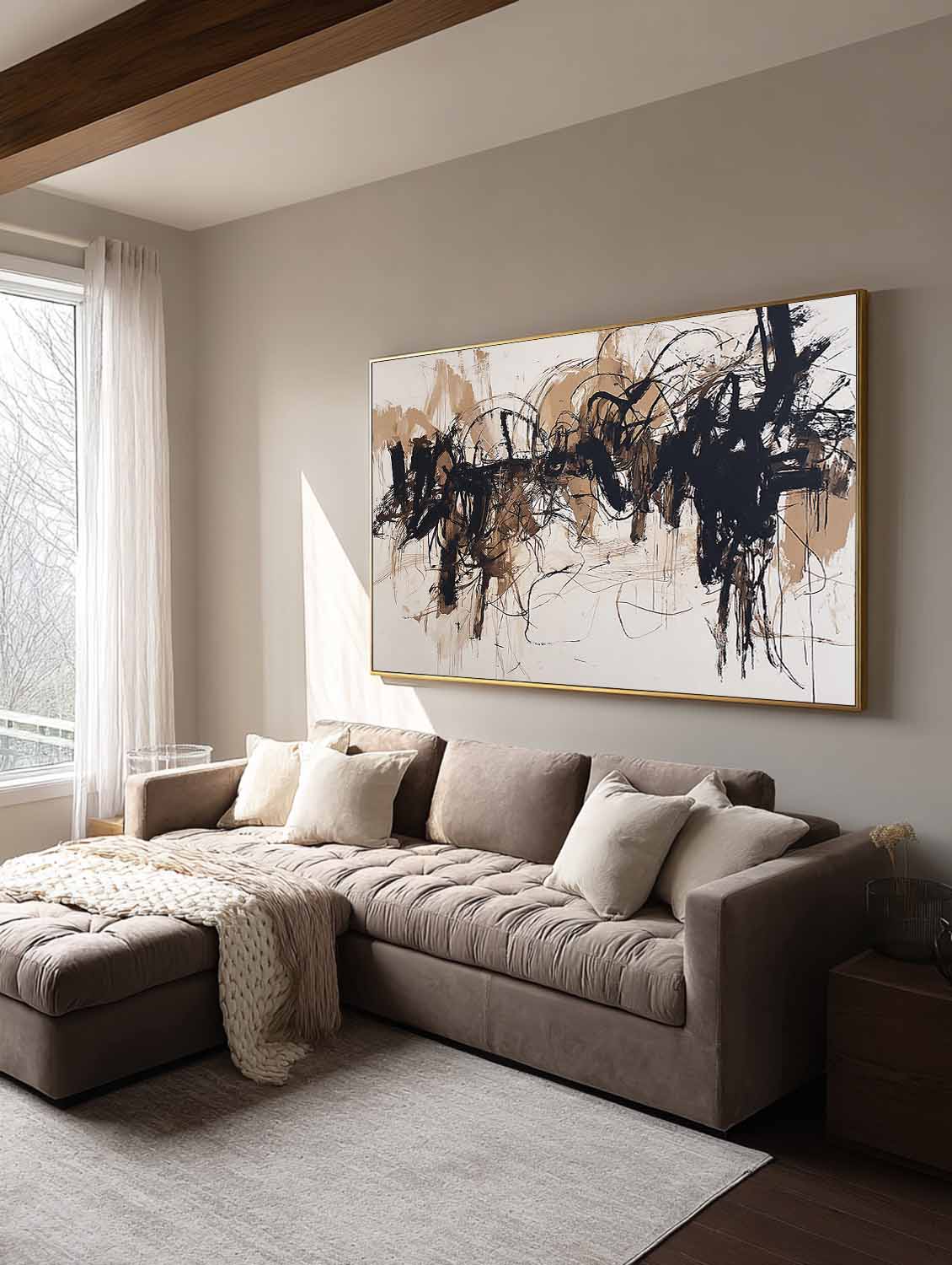 Contemporary Beige And Black Abstract Wall Art Neutral Black Abstract Oil Painting Large Textured Canvas For Modern Home Decor