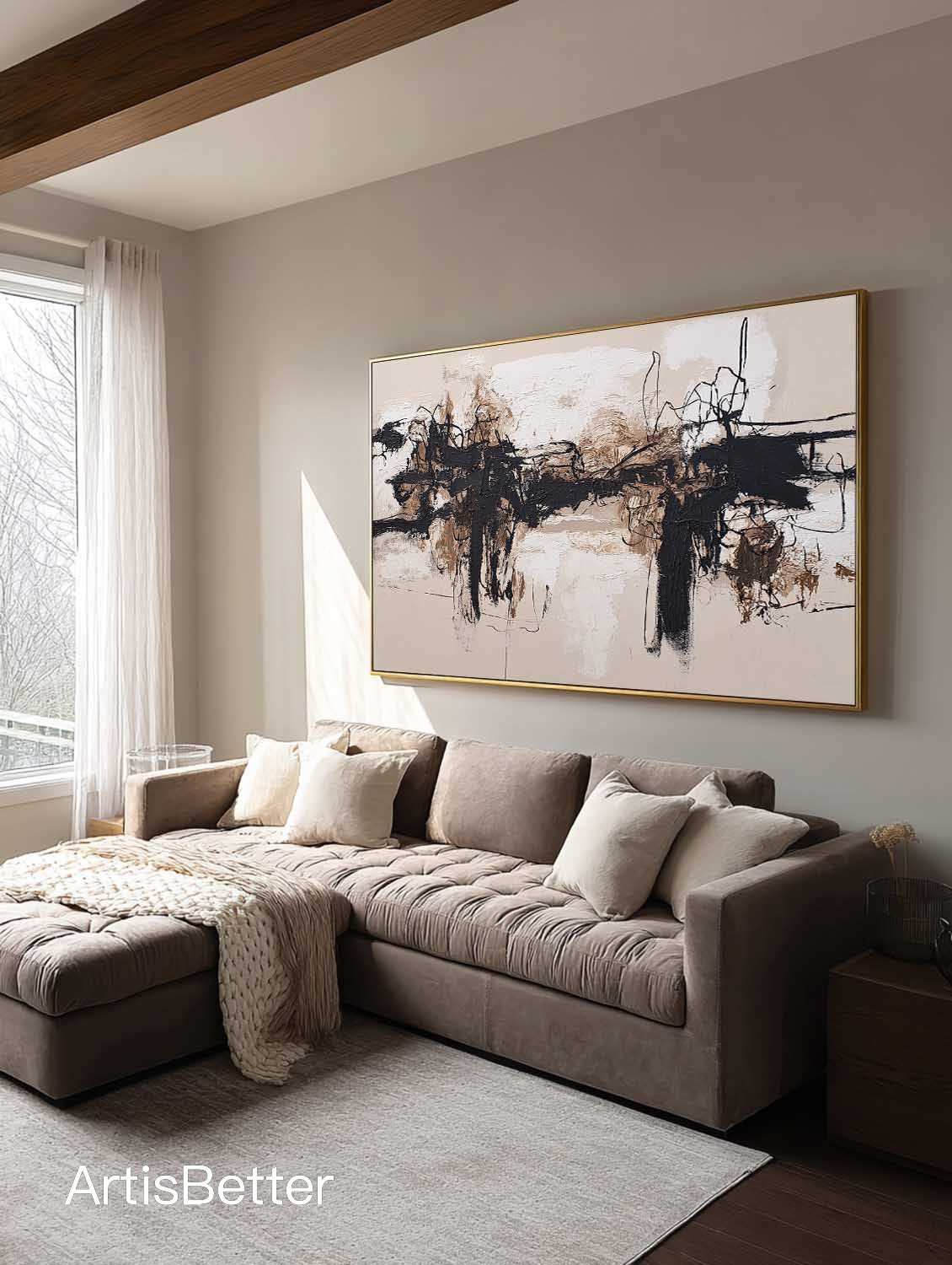 Minimalist Beige and Black Abstract Painting Hand Painted Beige Black Abstract Wall Art Large Textured Black Canvas Art