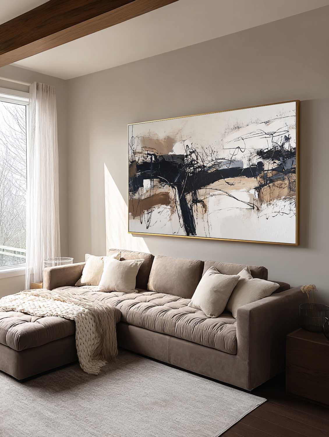 Minimalist Beige And Black Abstract Painting Modern Beige Black Textured Abstract Art Large Beige Black Wall Art