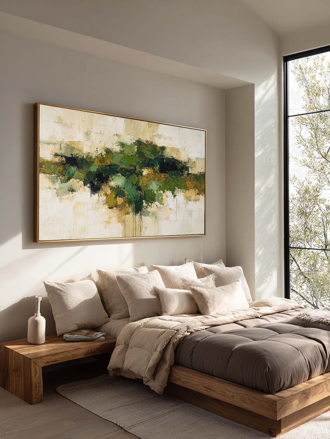 Neutral Green Abstract Textured Oil Painting Horizontal Beige And Green Canvas Wall Art Neutral Green Abstract Oil Painting