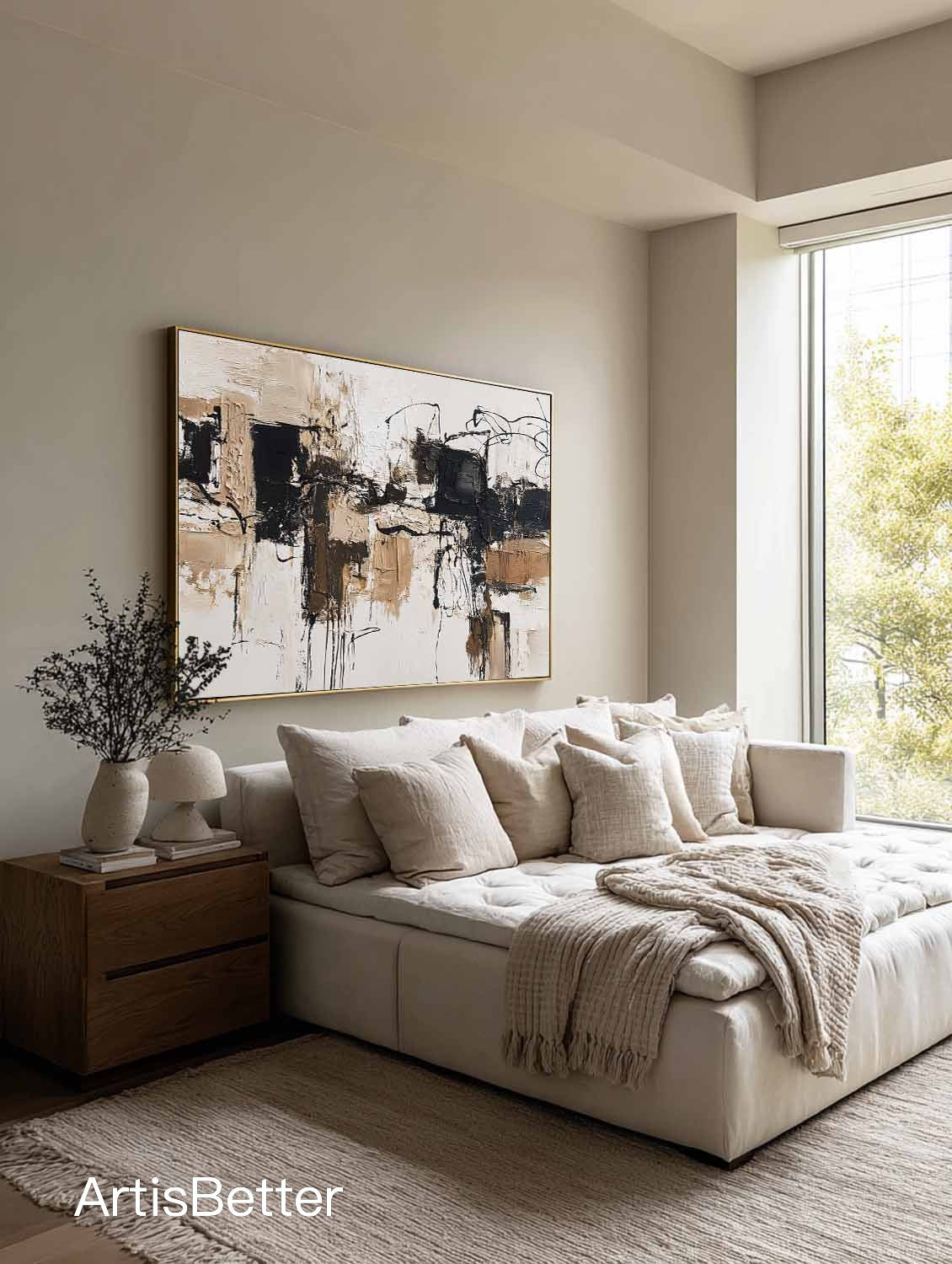Large Neutral Beige Black Abstract Art Handmade Beige Black Oil Painting Modern Minimalist Wall Art For Living Room