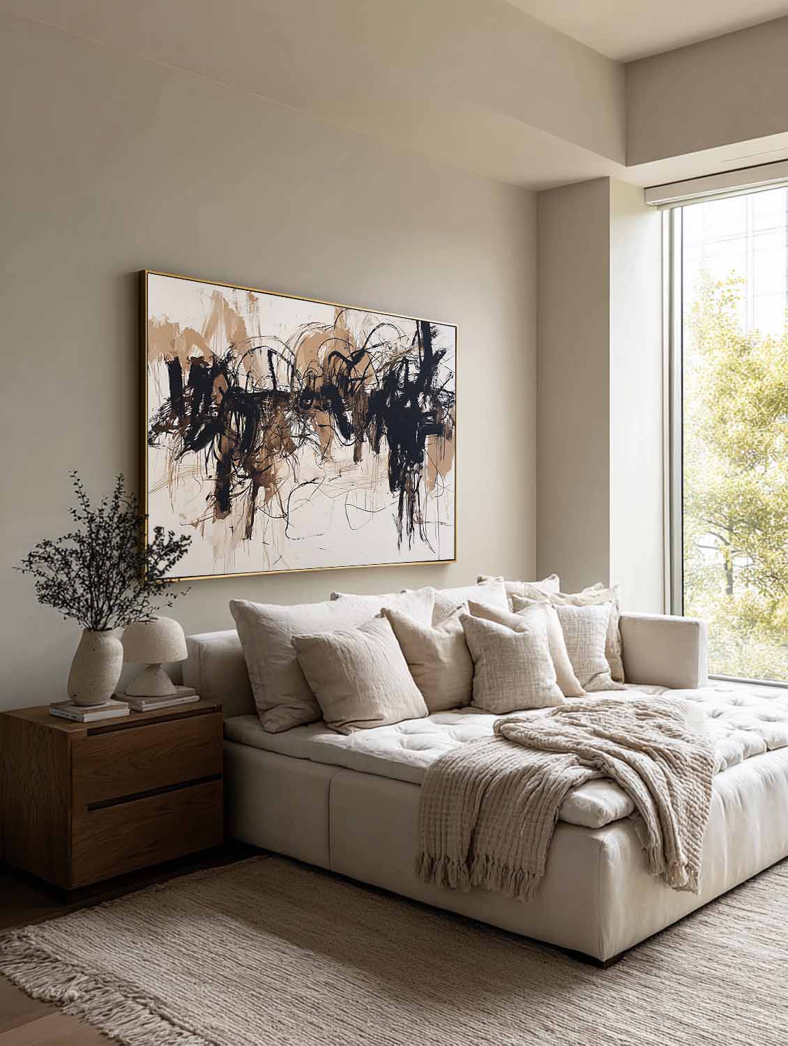 Contemporary Beige And Black Abstract Wall Art Neutral Black Abstract Oil Painting Large Textured Canvas For Modern Home Decor