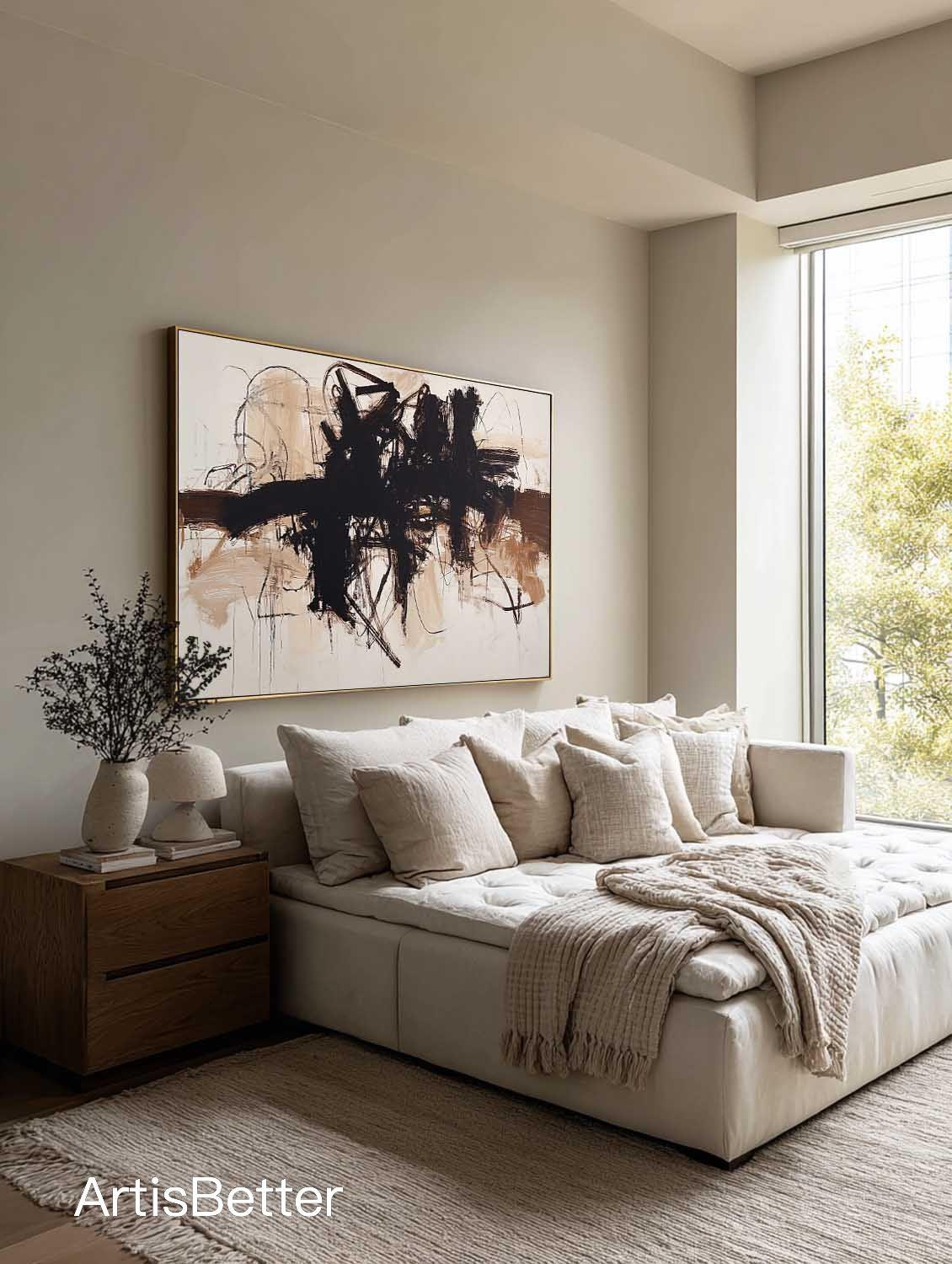Minimalist Beige And Black Abstract Painting Beige And Black Minimalist Abstract Wall Art Neutral Black Abstract Canvas Art