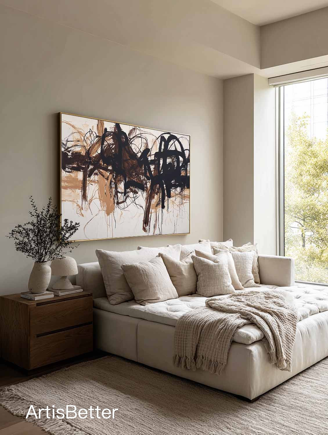 Horizontal Beige Abstract Line Art Painting Large Beige Minimalist Canvas Wall Art Minimalist Horizontal Abstract Line Wall Art