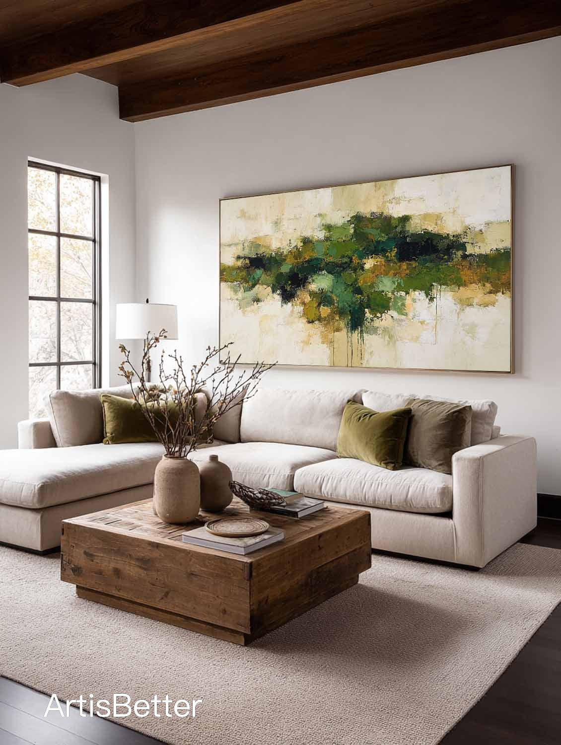 Long Horizontal Green Abstract Wall Art Minimalist Green Abstract Texture Wall Art Original Green And Beige Abstract Art