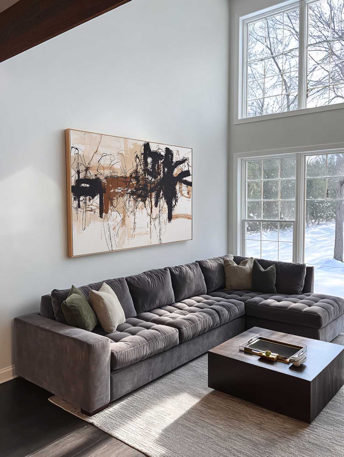 Large Textured Beige Black Abstract Art Minimalist Beige Black Abstract Painting Handmade Abstract Wall Art For Bedroom