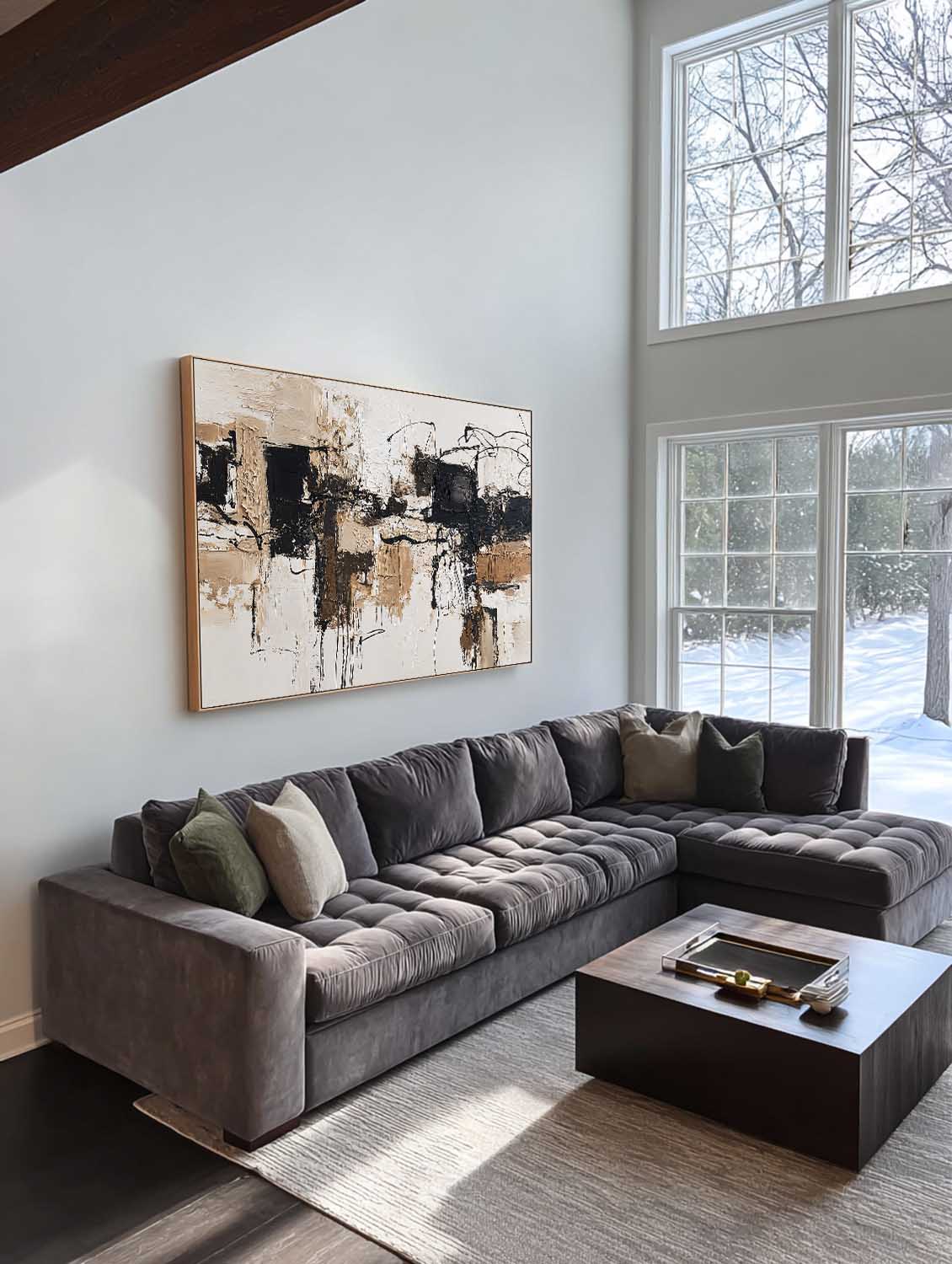 Large Neutral Beige Black Abstract Art Handmade Beige Black Oil Painting Modern Minimalist Wall Art For Living Room