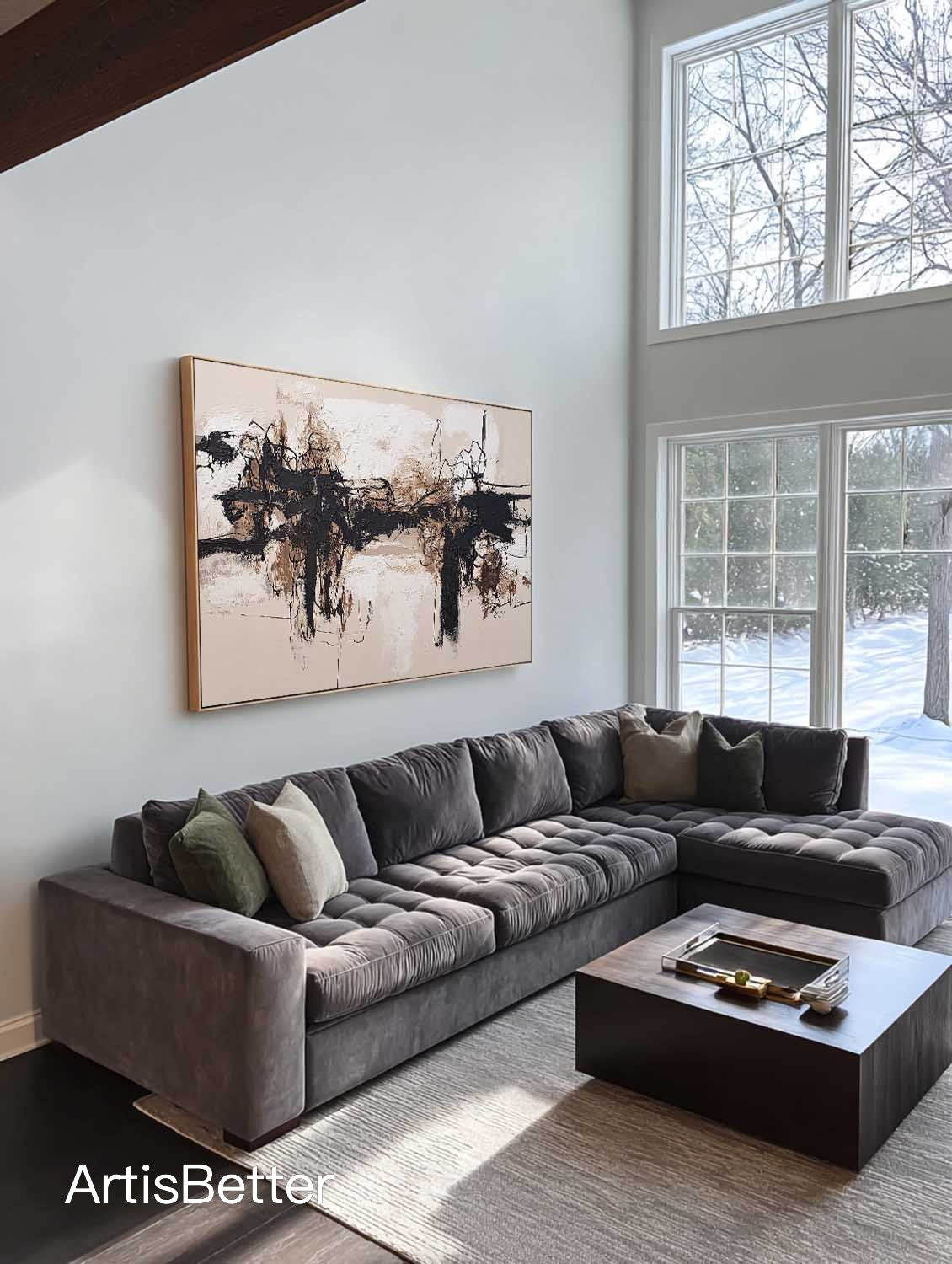 Minimalist Beige and Black Abstract Painting Hand Painted Beige Black Abstract Wall Art Large Textured Black Canvas Art