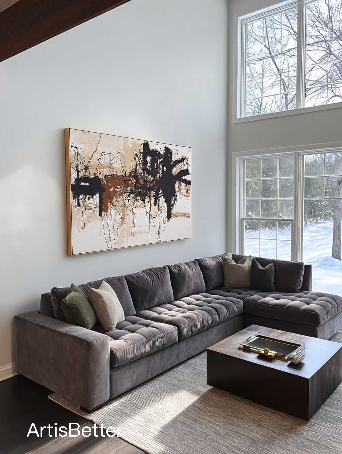 Large Textured Beige Black Abstract Art Minimalist Beige Black Abstract Painting Handmade Abstract Wall Art For Bedroom