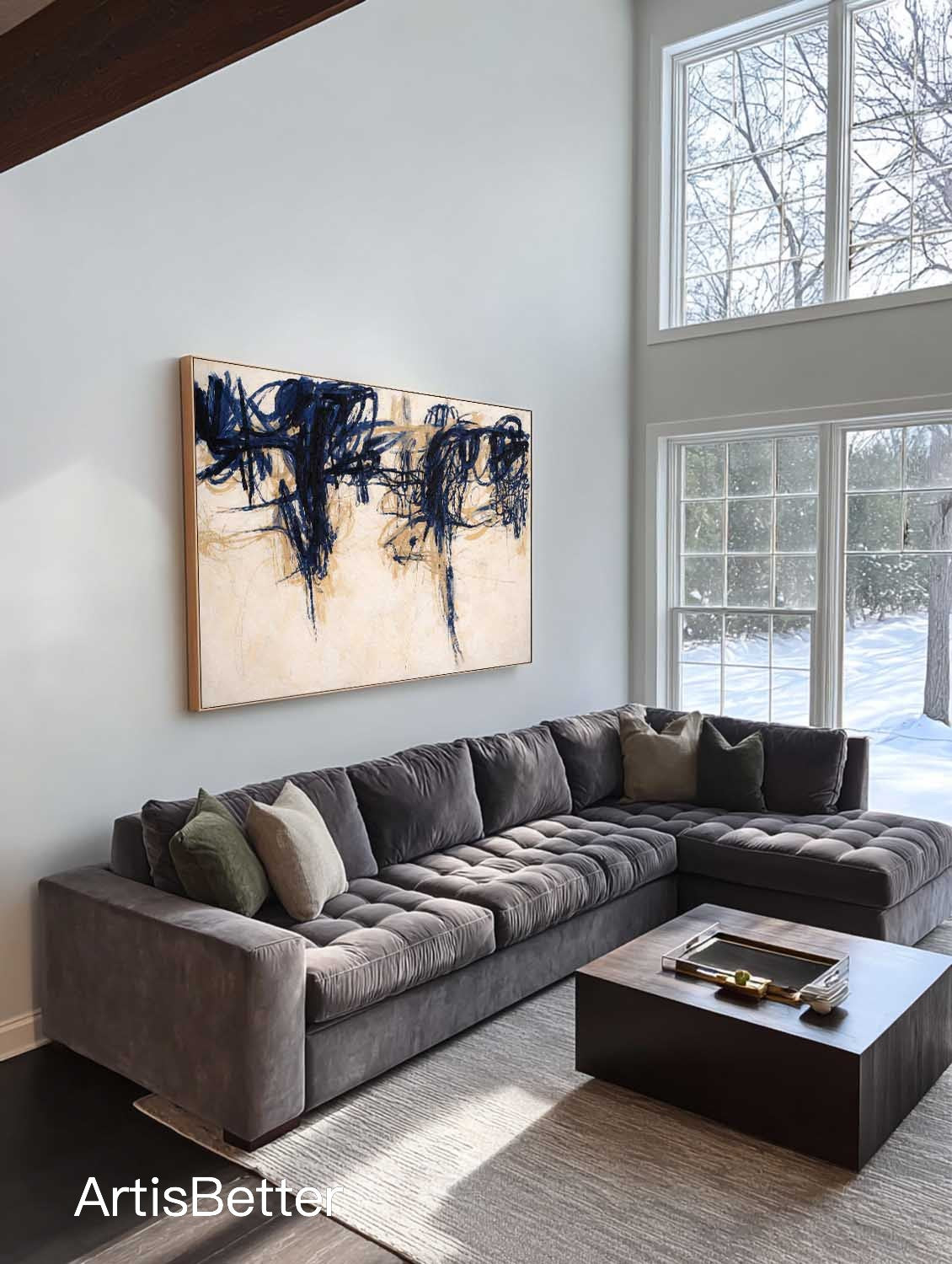 Minimalist Beige And Blue Horizontal Abstract Painting Handmade Beige Abstract Art Large Beige Wall Art For Living Room