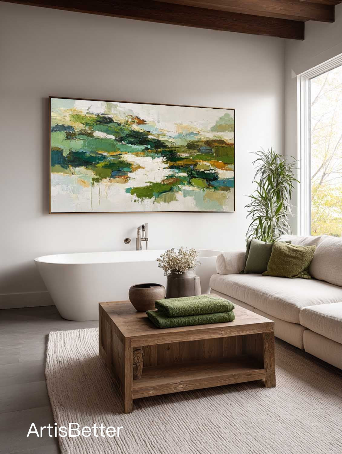 Large Horizontal Green Abstract Painting Olive Green Abstract Wall Art Modern Green And Beige Textured Art