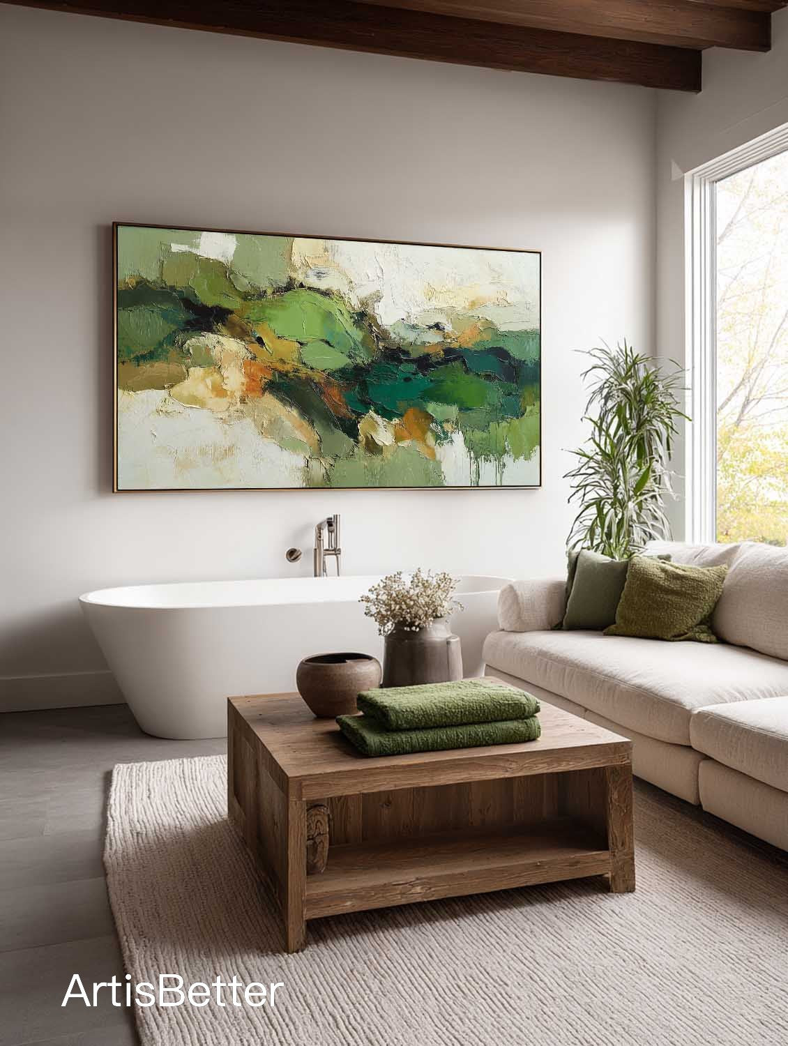 Large Green Texture Abstract Art Green And Beige Modern Abstract Painting Horizontal Neutral Green Textured Canvas