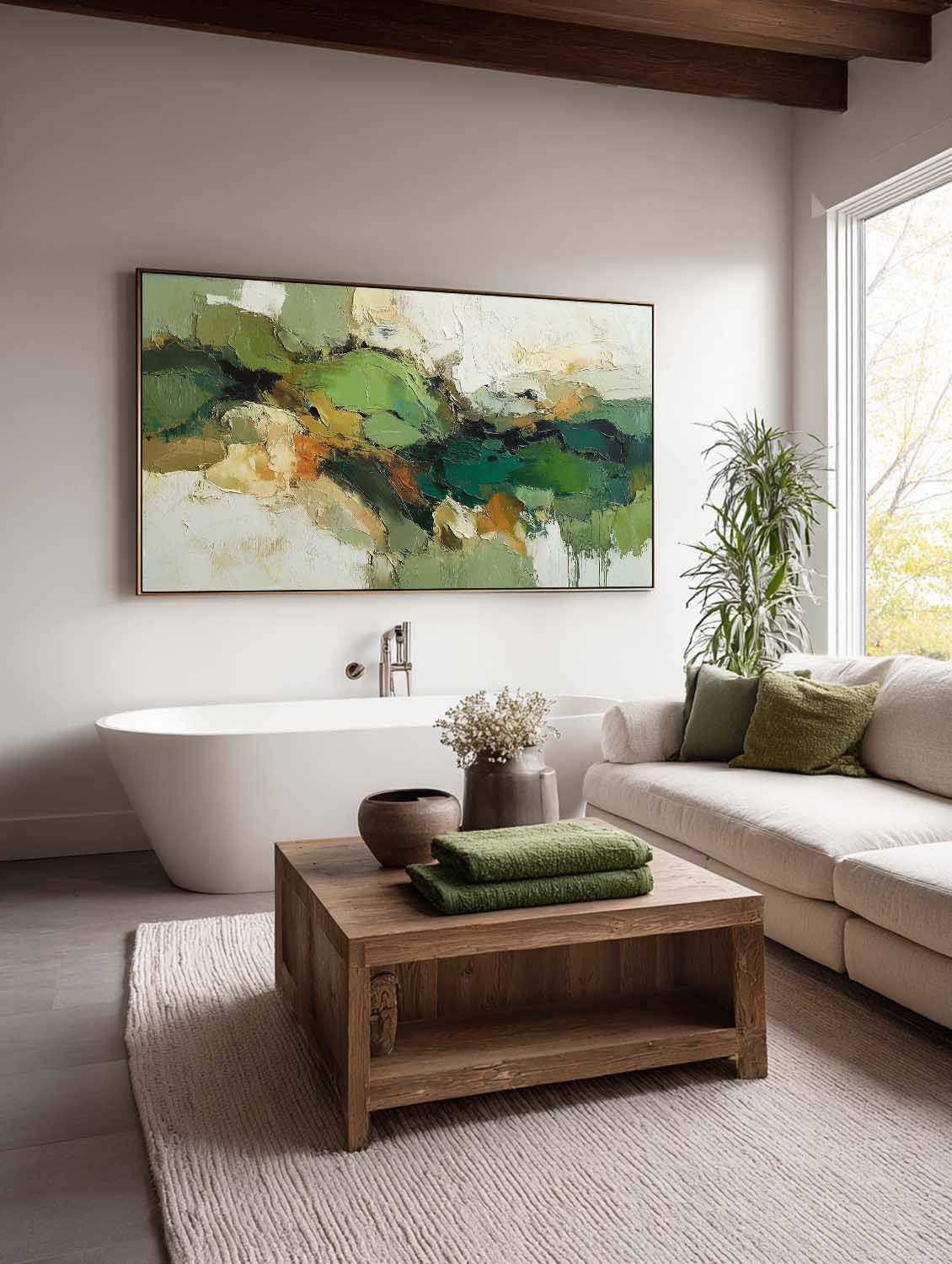 Large Green Texture Abstract Art Green And Beige Modern Abstract Painting Horizontal Neutral Green Textured Canvas