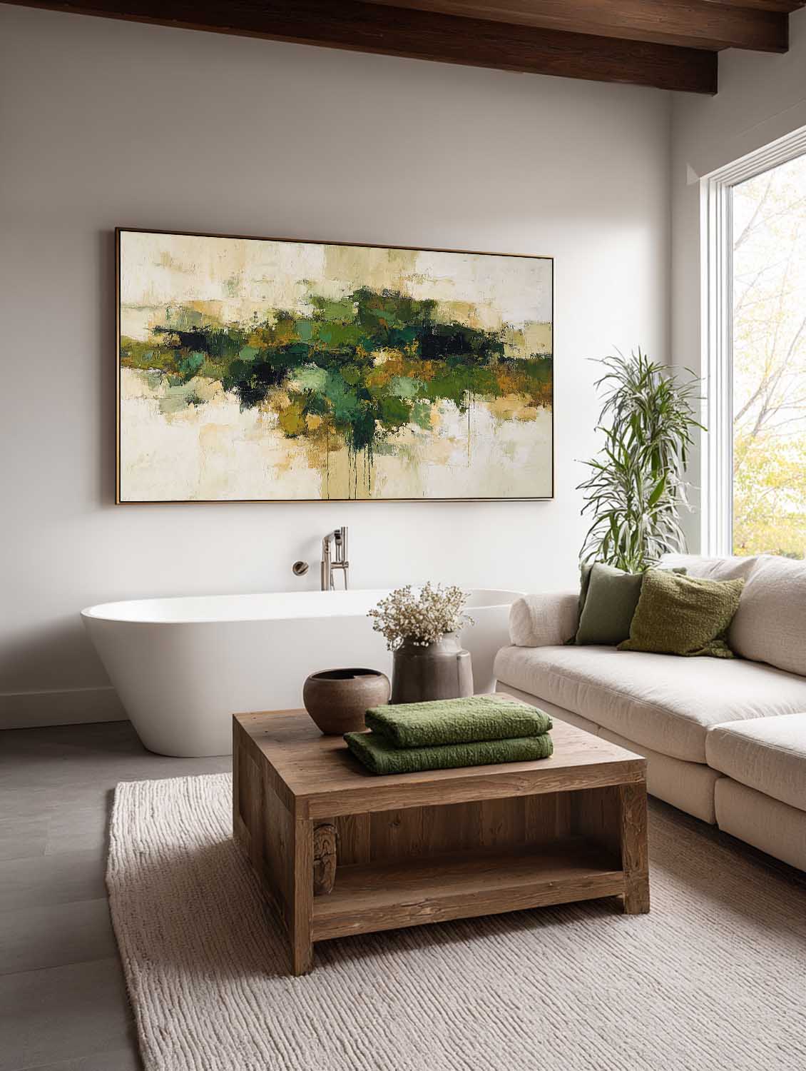 Long Horizontal Green Abstract Wall Art Minimalist Green Abstract Texture Wall Art Original Green And Beige Abstract Art