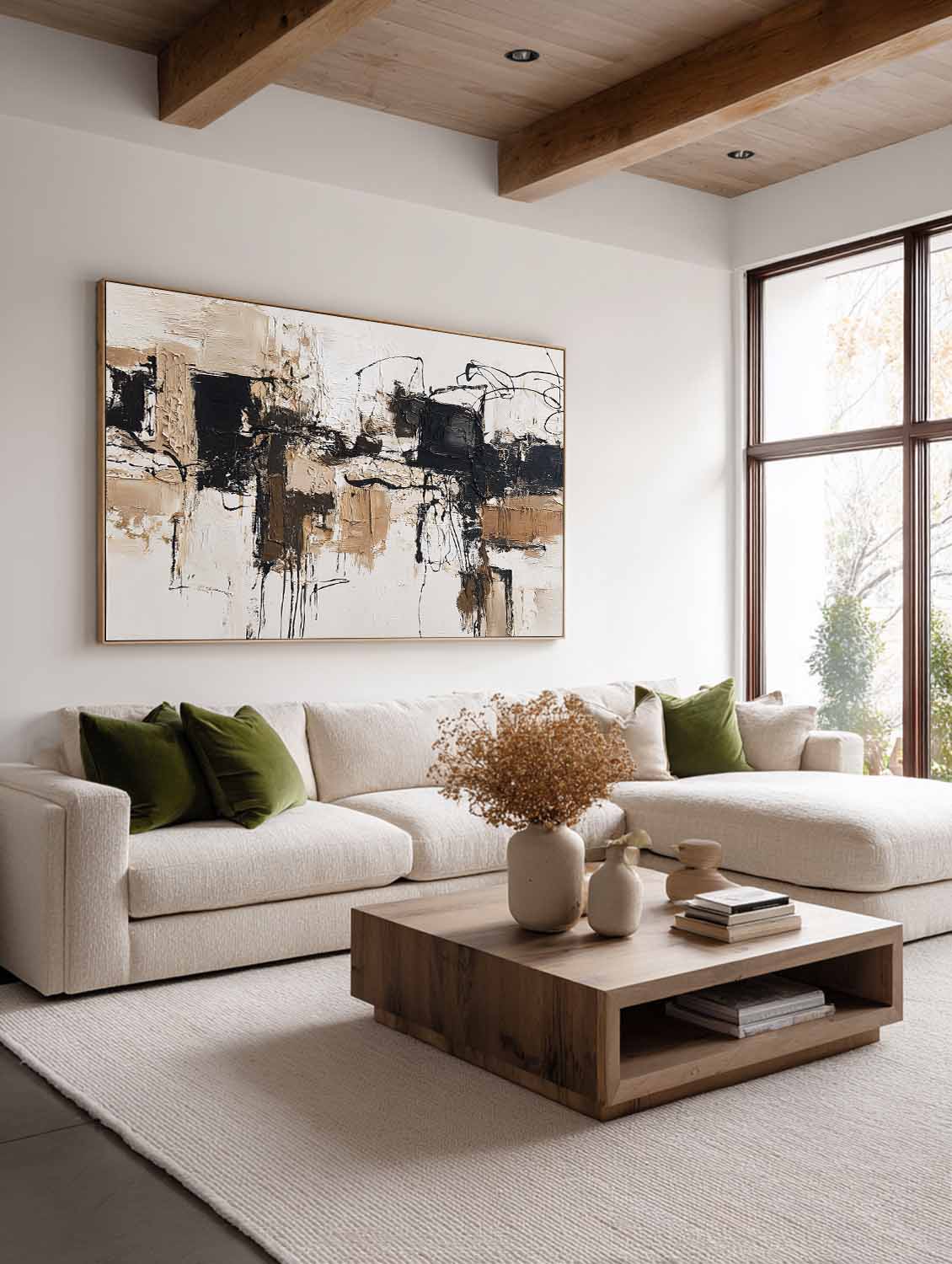 Large Neutral Beige Black Abstract Art Handmade Beige Black Oil Painting Modern Minimalist Wall Art For Living Room