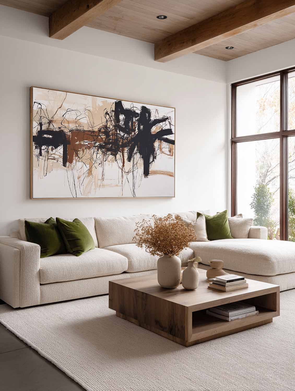 Large Textured Beige Black Abstract Art Minimalist Beige Black Abstract Painting Handmade Abstract Wall Art For Bedroom