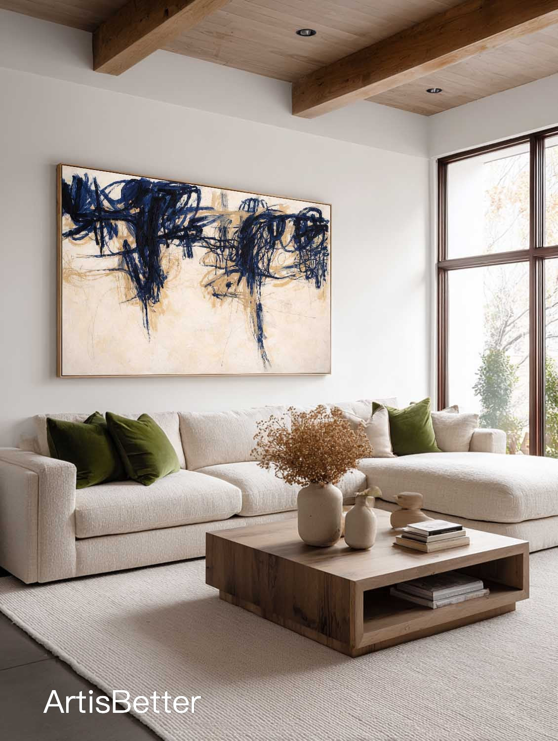 Minimalist Beige And Blue Horizontal Abstract Painting Handmade Beige Abstract Art Large Beige Wall Art For Living Room