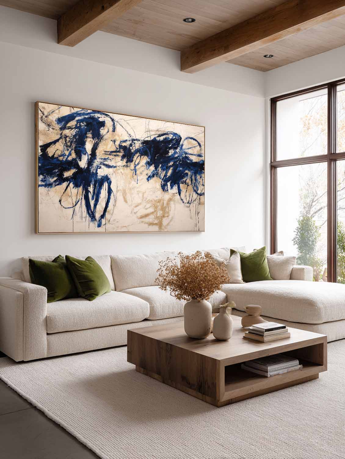Horizontal Beige Abstract Line Art Painting Minimalist Horizontal Beige Abstract Line Painting Large Blue Line Wall Art