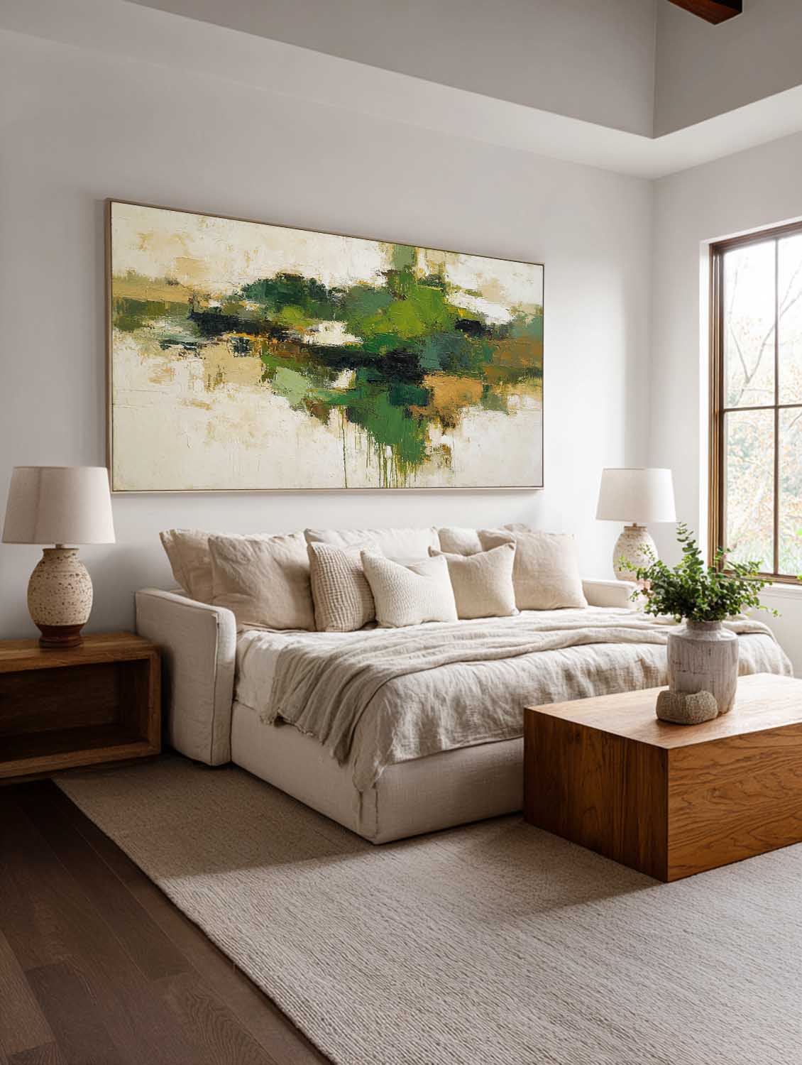 Neutral Green Abstract Textured Oil Painting Horizontal Beige And Green Canvas Wall Art Neutral Green Abstract Oil Painting