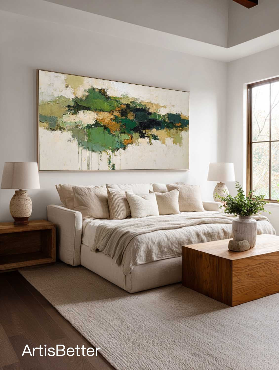 Long Horizontal Green And Beige Abstract Painting Long Horizontal Earth Tone Abstract Art Minimalist Earth Tone Abstract Art