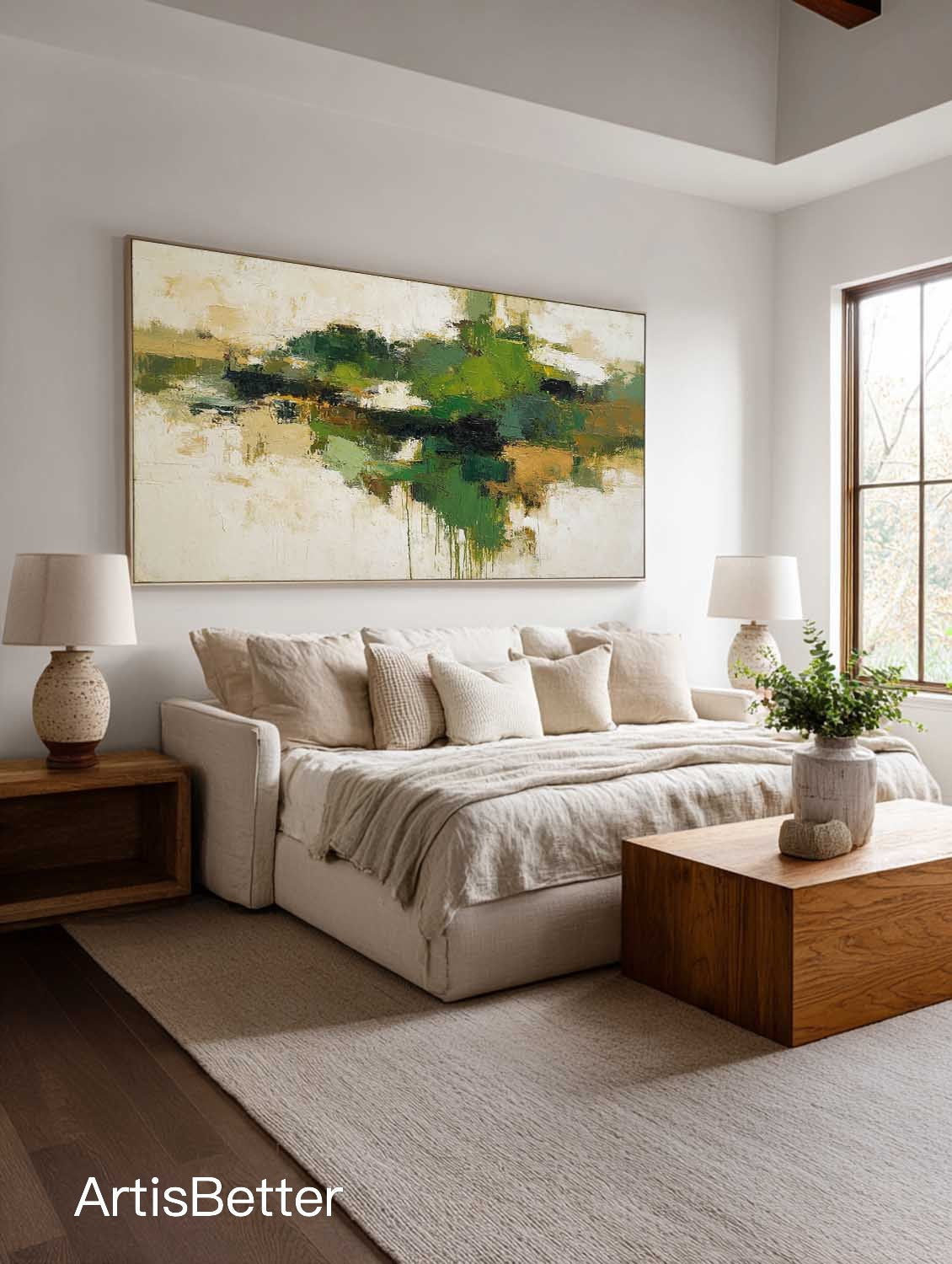 Neutral Green Abstract Textured Oil Painting Horizontal Beige And Green Canvas Wall Art Neutral Green Abstract Oil Painting