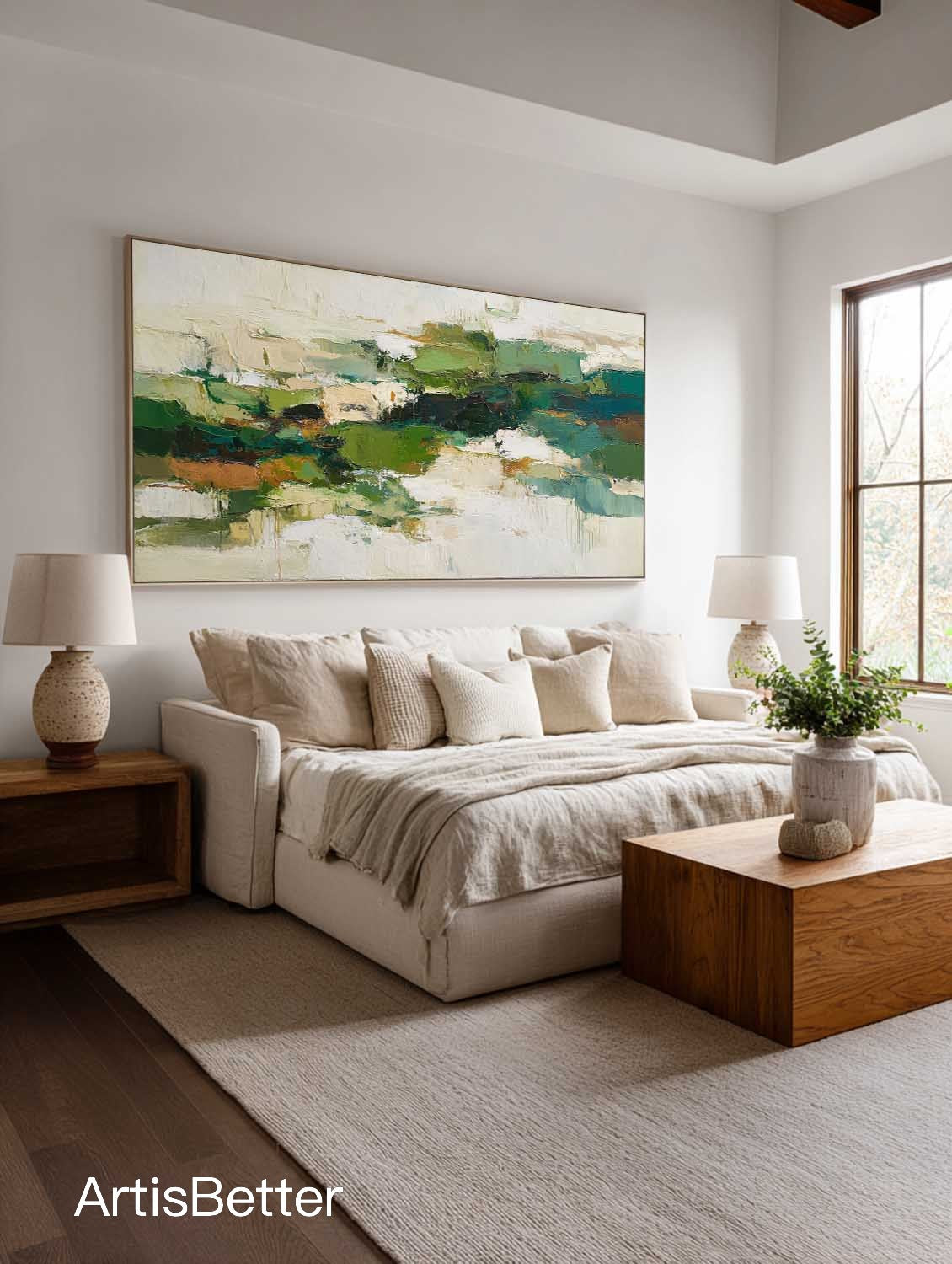 Contemporary Olive Green Abstract Wall Art Earth Tone Green Abstract Wall Art Oversized Horizontal Green Canvas Art