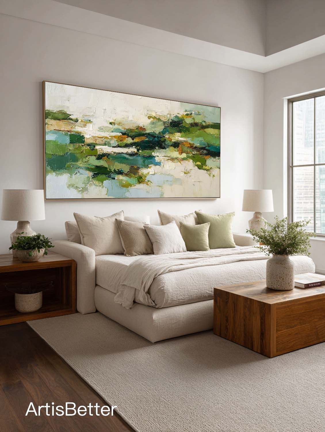 Handmade Green And Beige Textured Canvas Long Horizontal Modern Abstract Art Long Horizontal Neutral Canvas Wall Art