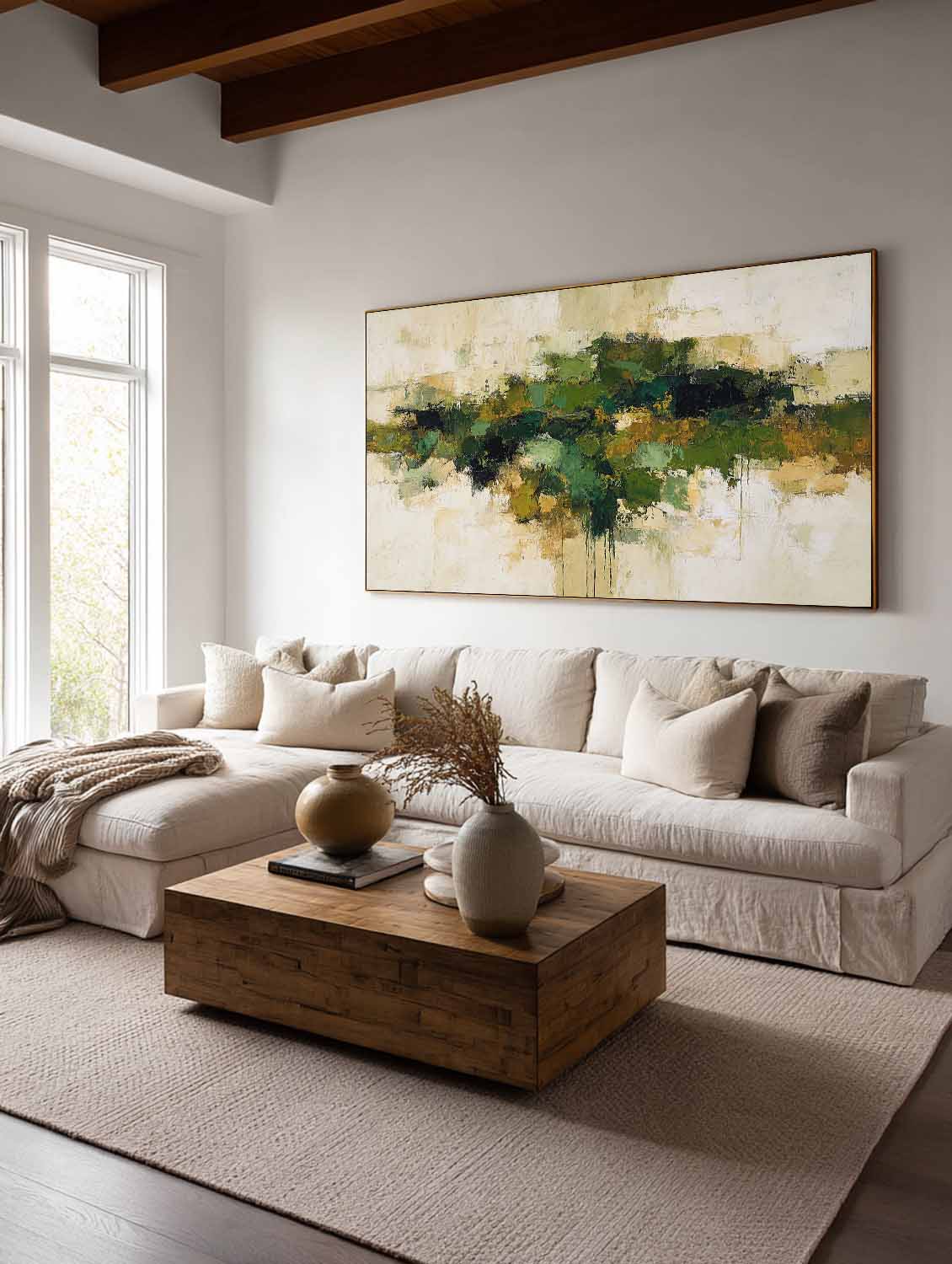 Long Horizontal Green Abstract Wall Art Minimalist Green Abstract Texture Wall Art Original Green And Beige Abstract Art