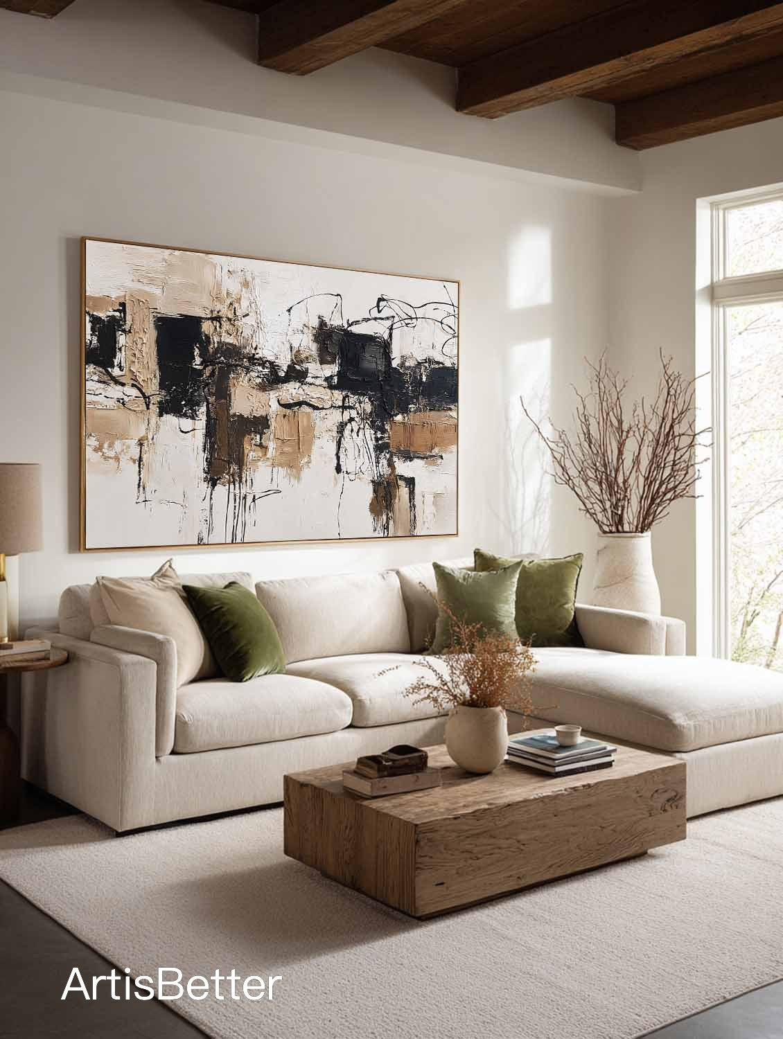 Large Neutral Beige Black Abstract Art Handmade Beige Black Oil Painting Modern Minimalist Wall Art For Living Room