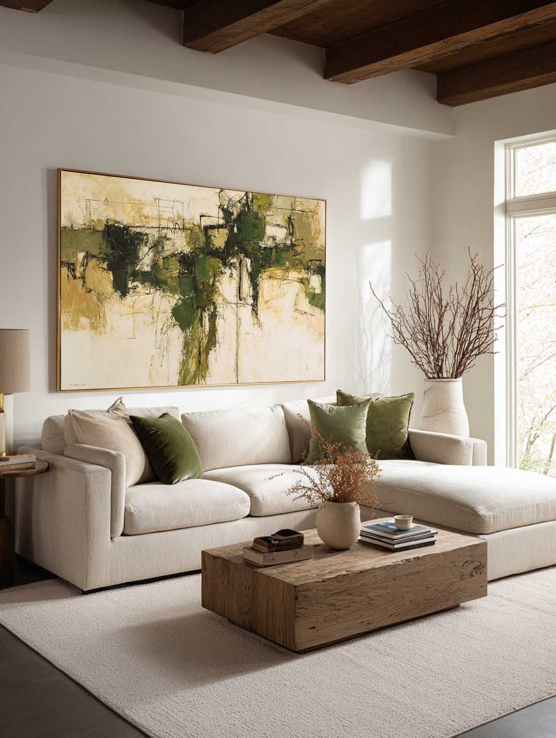 Horizontal Olive Green Abstract Painting Large Horizontal Green And Beige Abstract Art Contemporary Textured Wall Decor