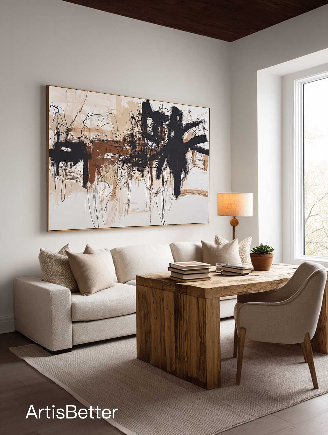 Large Textured Beige Black Abstract Art Minimalist Beige Black Abstract Painting Handmade Abstract Wall Art For Bedroom